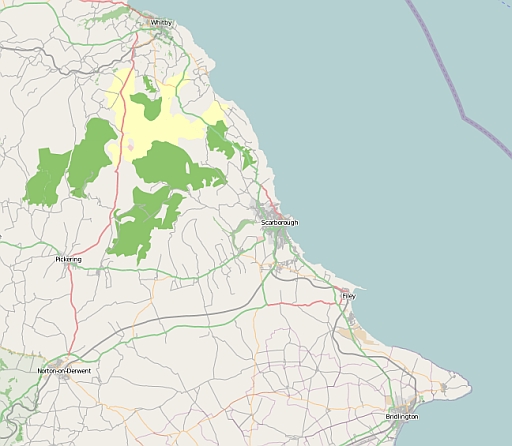 Map covering Whitby in the north, Scarborough in the centre then Bridlington in the south