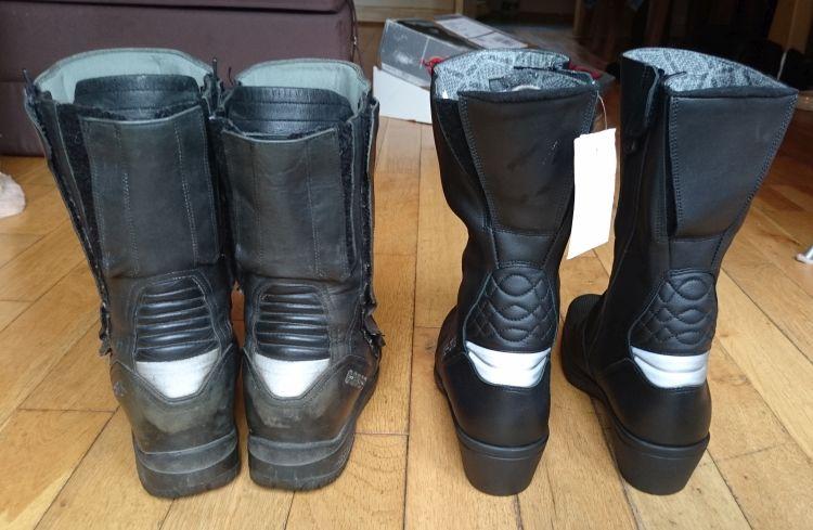 Both pairs of boots seen from the rear with the various methods of getting them on and adjusting them