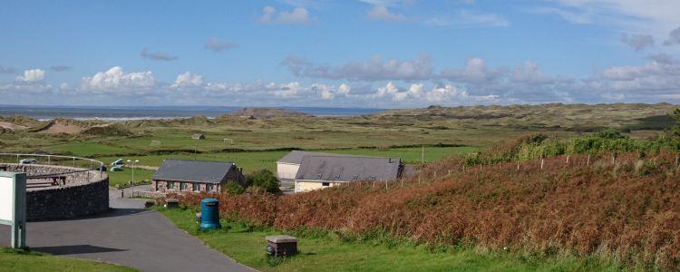 Looking out from the car park at Hillend we see angular sand dunes and the sea in the distance