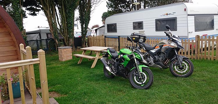 Ren and Sharon's 2 motorcycles outside the pod on the Gower Peninsula