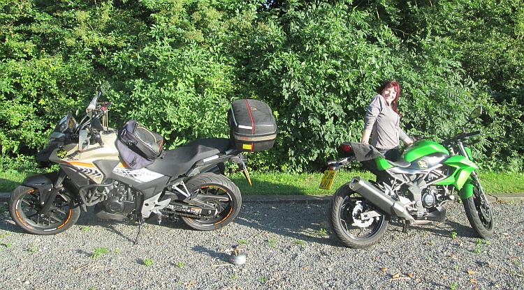 Our two motorcycles against a backdrop of lush green trees bathed in sunlight