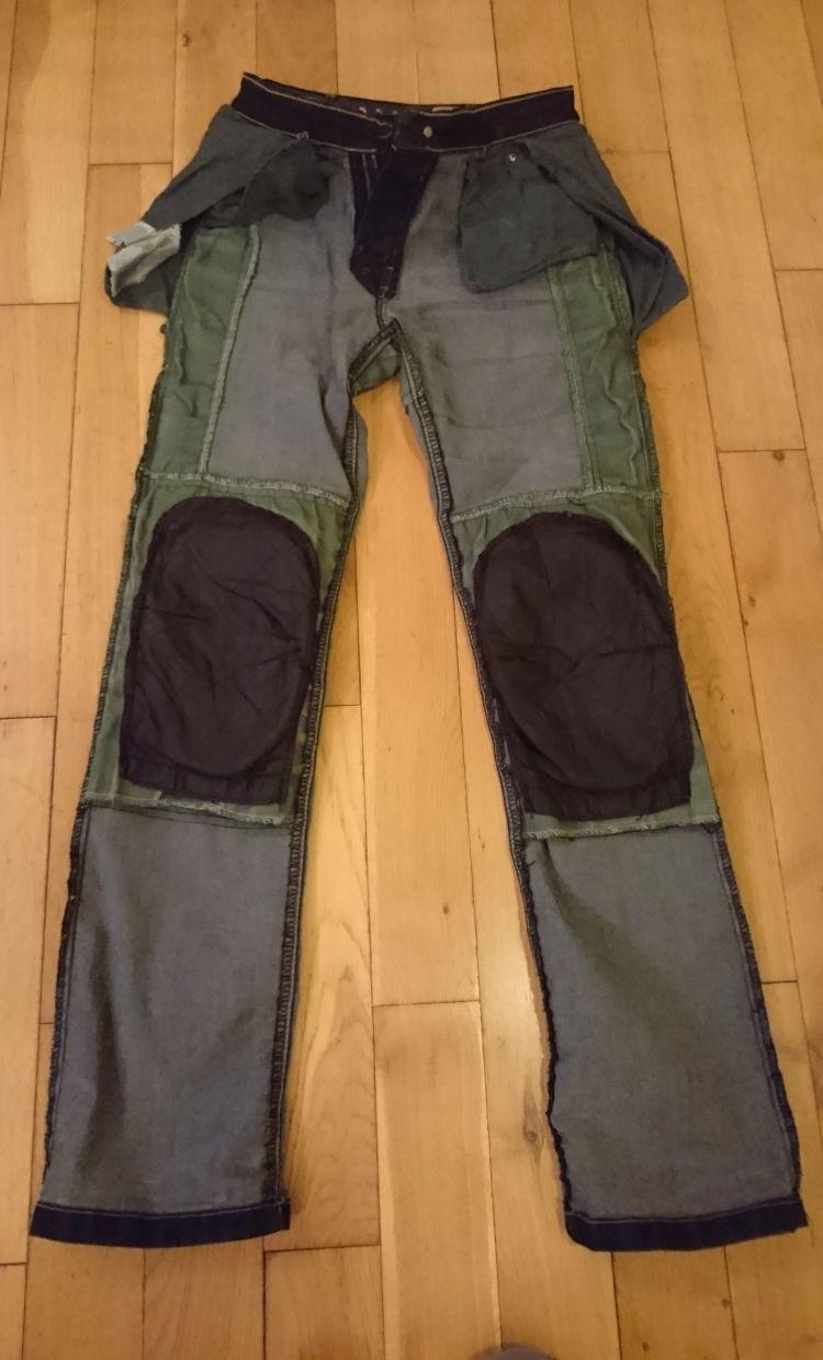 The jeans are inside out and show which parts have kevlar, and which parts don't