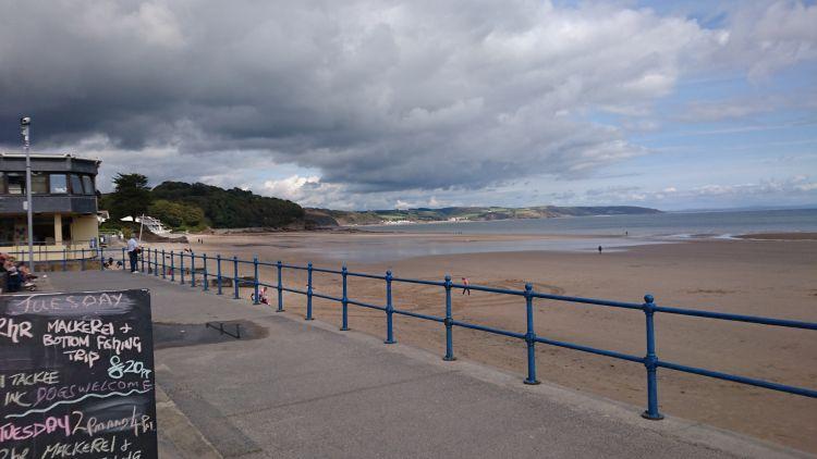 Looking out from the Prom at Saundersfoot is the wide sandy beach and the sea