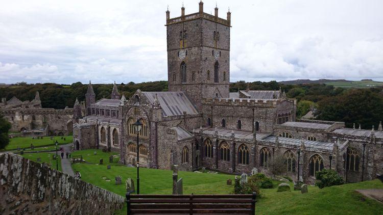 St Davids Cathedral lies in a shallow valley and here is seen from high up