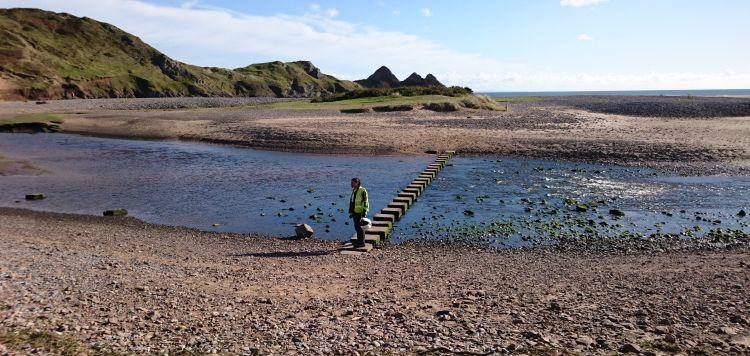 A line of square stepping stones is the only dry way to cross the shallow river winding through the beach