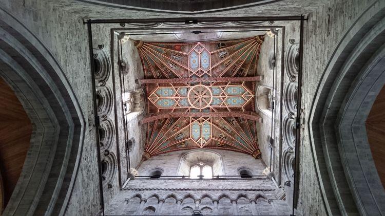 High up in the tower more fan vaulting with colour, artwork, design and shape