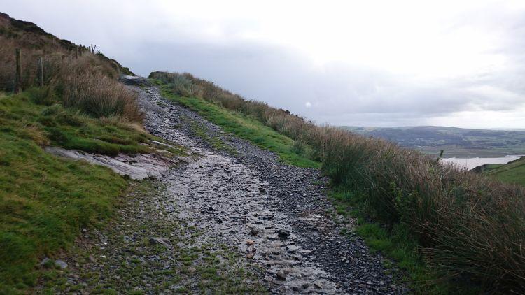 A gravel path mixed with grass and mud leads up the steep hillside