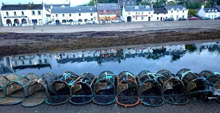Lobster pots in a line on the harbour wall with the white houses, pubs and shops across the water