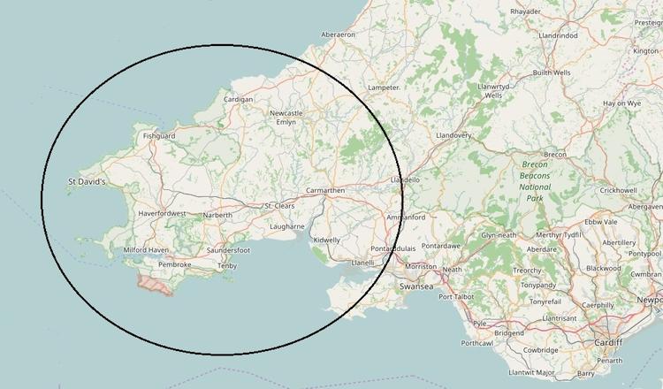 The Pembrokeshire area circled on a map