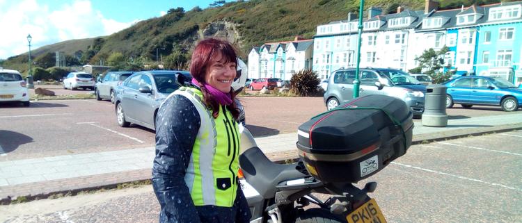 Sharon has a big smile in the breezy sun at Aberdovey