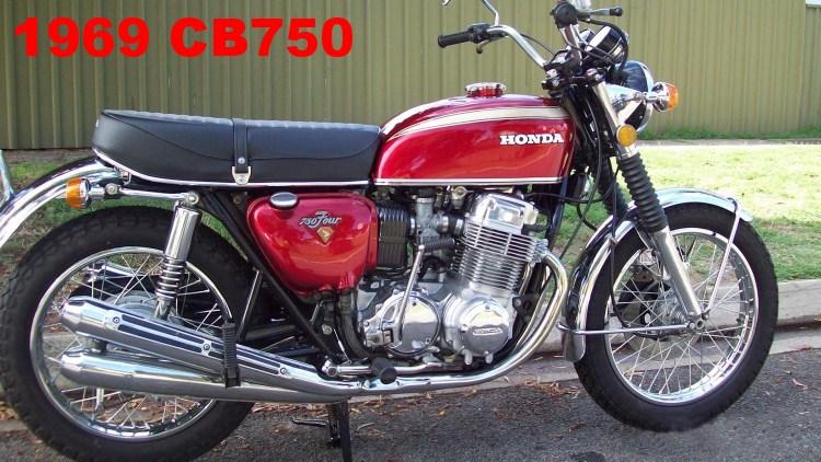 A 1969 Red Honda CB750 motorcycle
