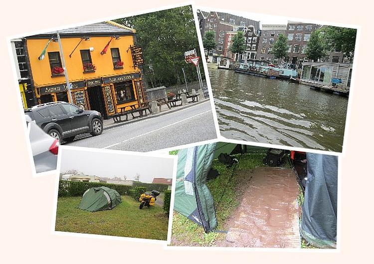 A collage with an Irish pub, a Dutch tall house by the canal and wet muddy camping in France