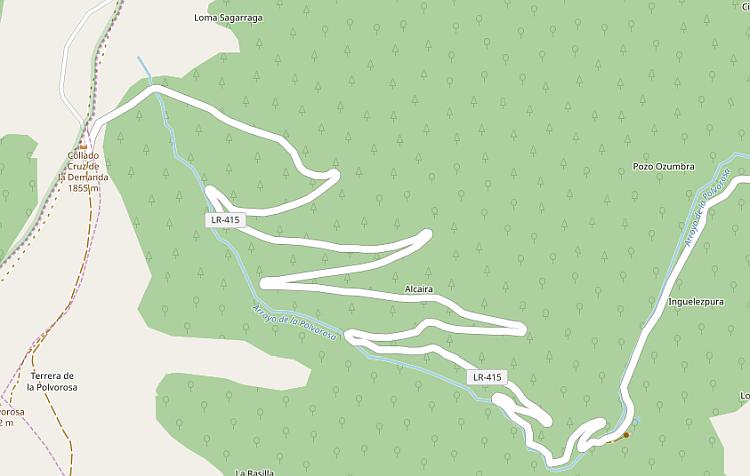A map of where the LR-415 climbs steeply up the Alot Cruz creating switchbacks and twisting
