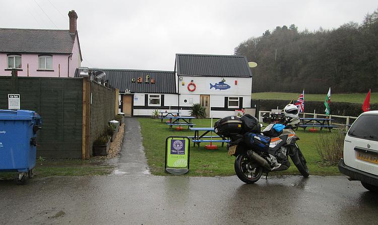The dirty CB500X at The Lazy Trout Cafe on a wet and grey day
