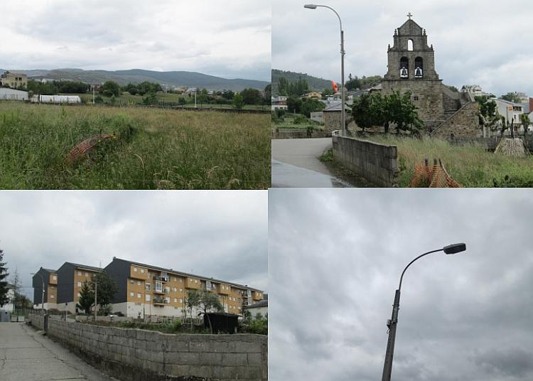 A montage of green fields, old church, 4 storey apartments and a concrete lampost
