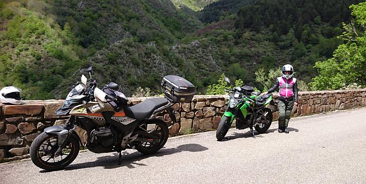 A CB500X and Z250SL on the side of a lush green hill in Northern Spain