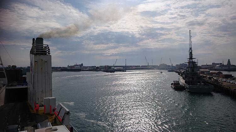 Portsmouth harbour is seen from the ship as we sail away from England's shores