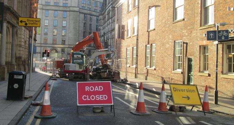 Roadworks in Manchester city centre