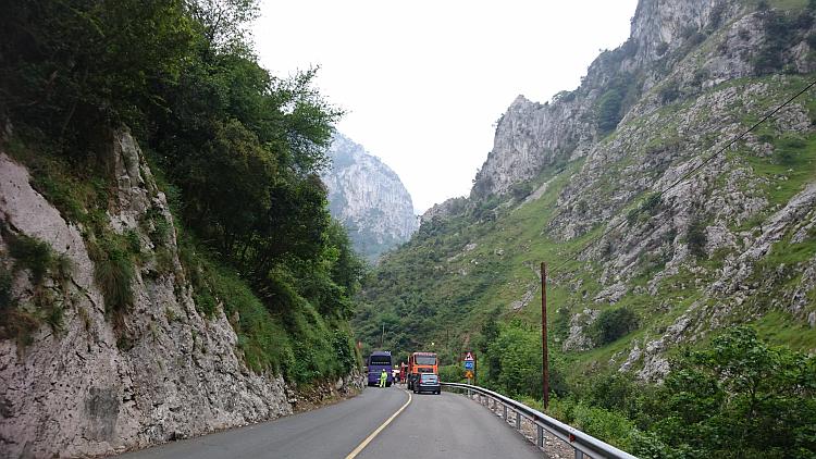 A truck blocks the road to Potes but the scenery is stunning with steep rocks and hillsides