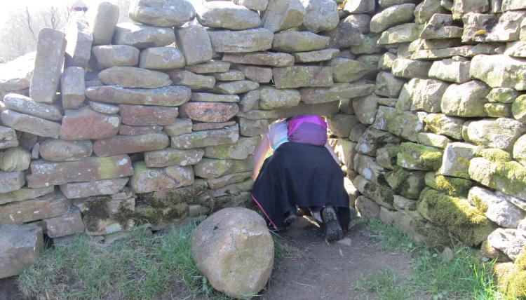 Sharon is crawling though a small hole in a drystone wall
