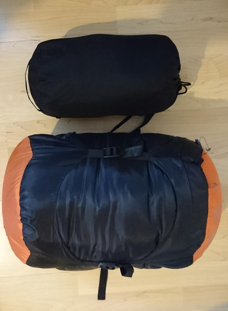 The large packed sleeping bag and the small packed sleeping bag liner