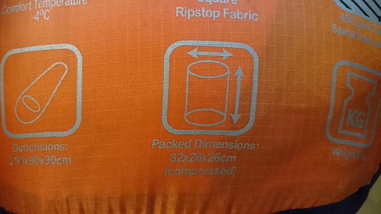 The Specifications listed on the bottom of a sleeping bag stuff sack