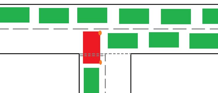 A simple diagram showing a red car pulled out across half the main road and blocking traffic from the right