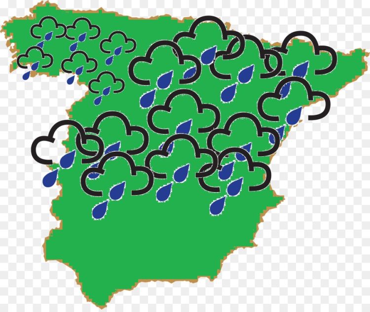 A basic simply map of spain with most of it covered in rain weather symbols