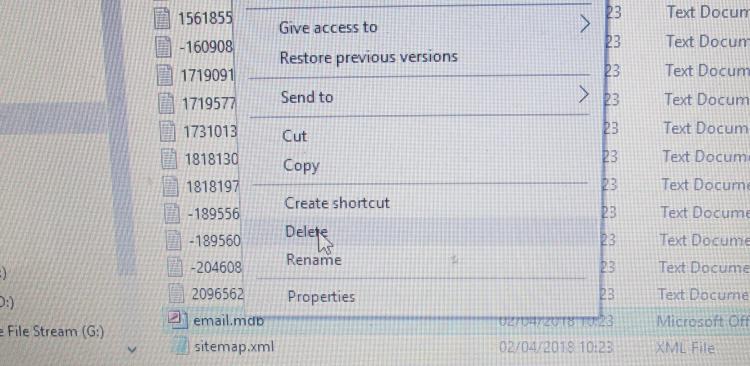 A screen shot of the email database being deleted