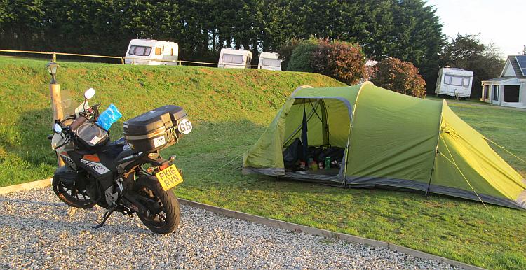The 500 and the tent set up at the Doubletrees campsite near St Austell