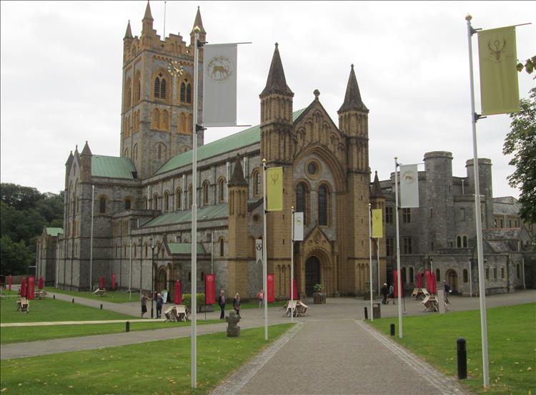 The crisp and fresh stonework of the exterior of Buckfast Abbey