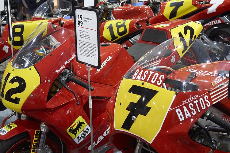 A collection of bright red Cagiva racing motorcycles