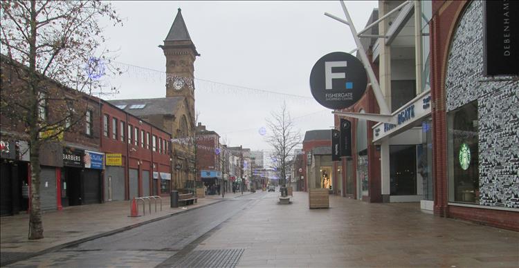 Fishergate Preston. A street filled with shops but no people because it's Christmas day
