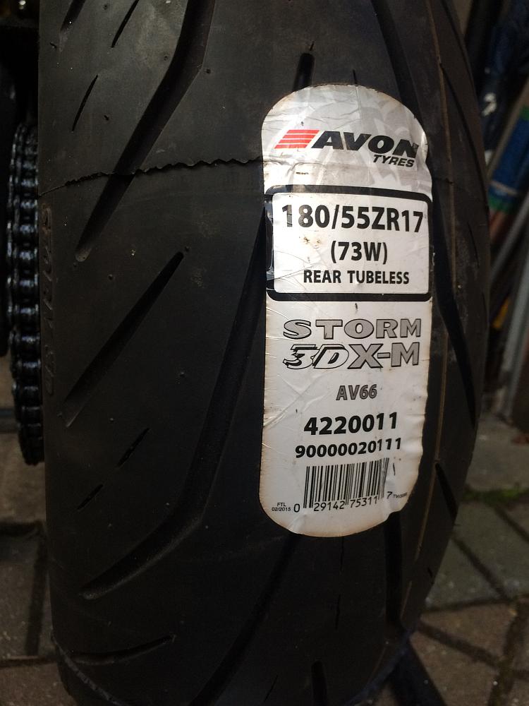 The fresh new Avon Storm motorcycle tyre is now on the wheel and back on the bike
