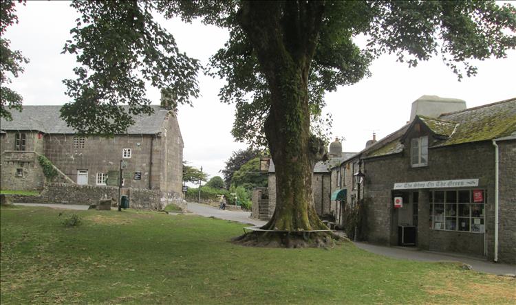 The stone building, a large tree and a grassed area make Widecombe in the moor a pretty vilalge