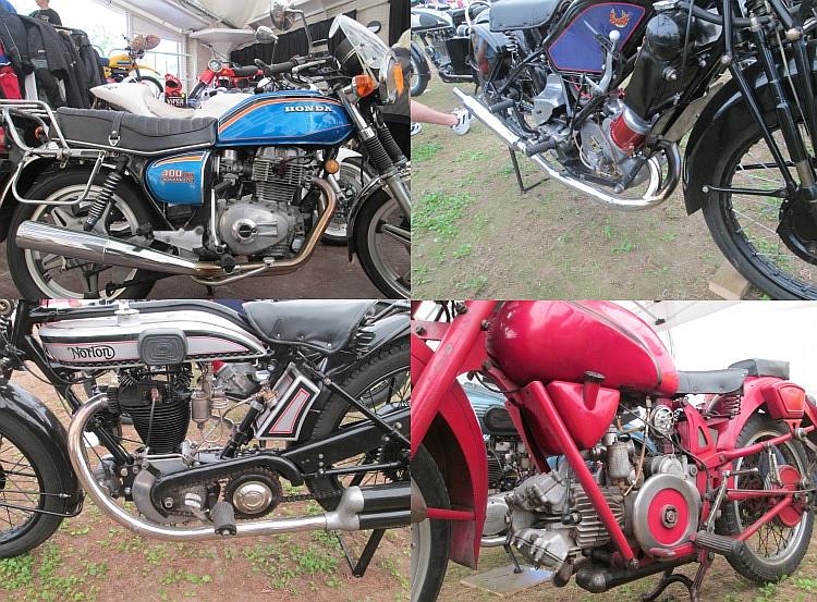 Various old vintage motorcycles within the pavilion at the bike fest