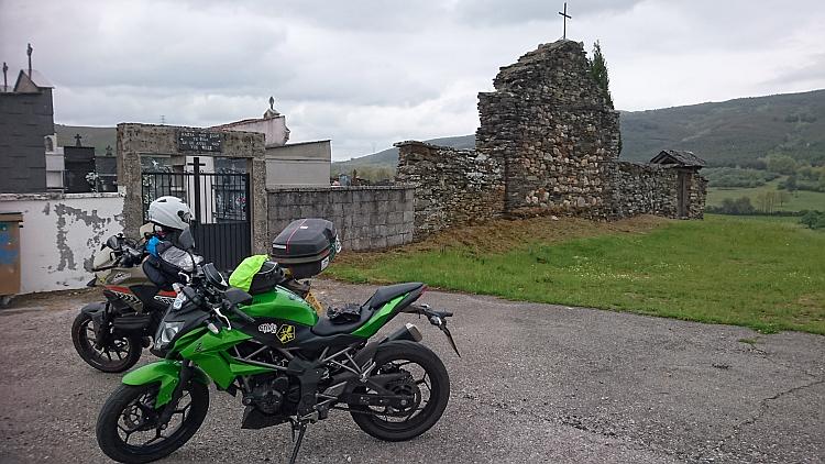 The Z250SL and CB500X outside the walls of the very Spanish graveyard