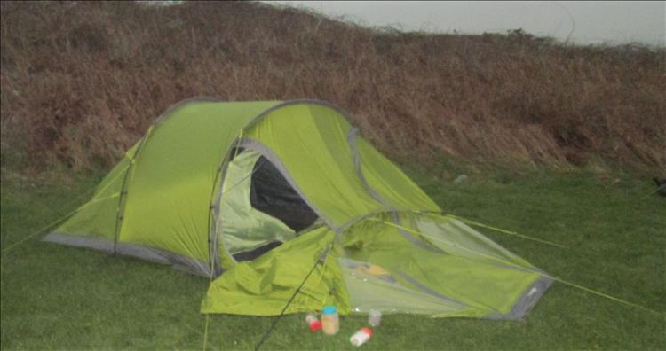 Ren's tunnel tent with one of the poles snapped and collapsed from the last trip to Wales