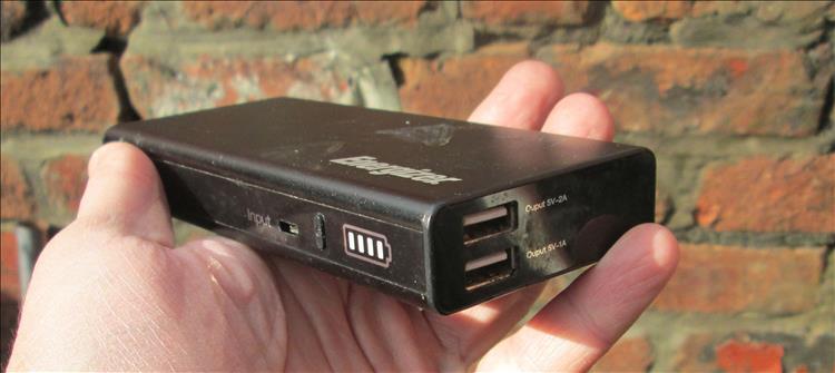 A power bank, essentially a small box with USB connectors to charge phones and the like