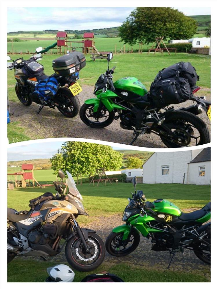 Collage of 2 pics. Same bikes, same campsite, 2 years inbetween