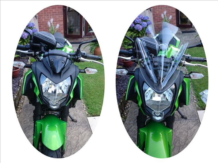 The front of the bike and headlight without and with the puig screen fitted