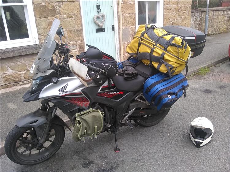 Ren's CB500X loaded with camping luggage