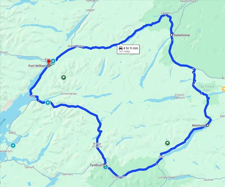 A map showing a route from Fort William to Dalwhinnie then Kenmore, Tyndrum and back to Fort William