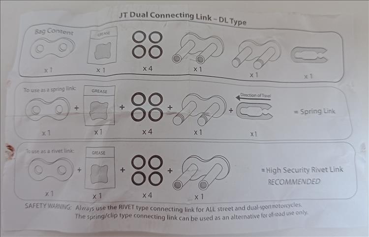 JT's little information sheet showing the link fitting choices
