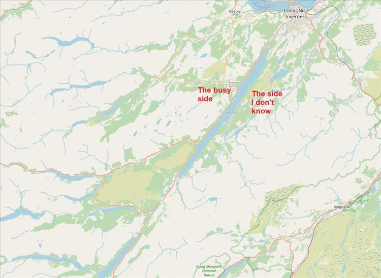 The map of loch Ness shows the north east side as busy, the south west side as the bit Ren doesn't know