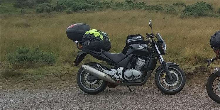 Mark's CBF500 in black against a backdrop of hardy Exmoor grasses