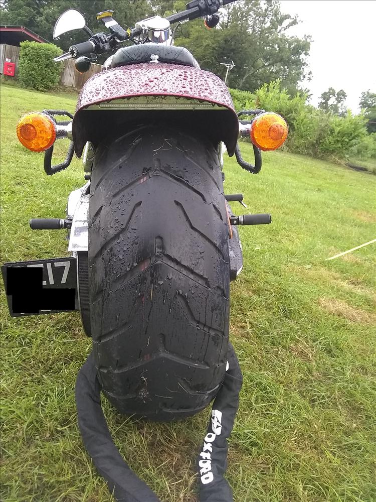 The massive rear tyre on Riks big Harley