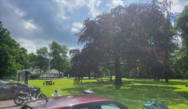 The edge of a gravel car park, green grass, trees and a few houses at Strontian