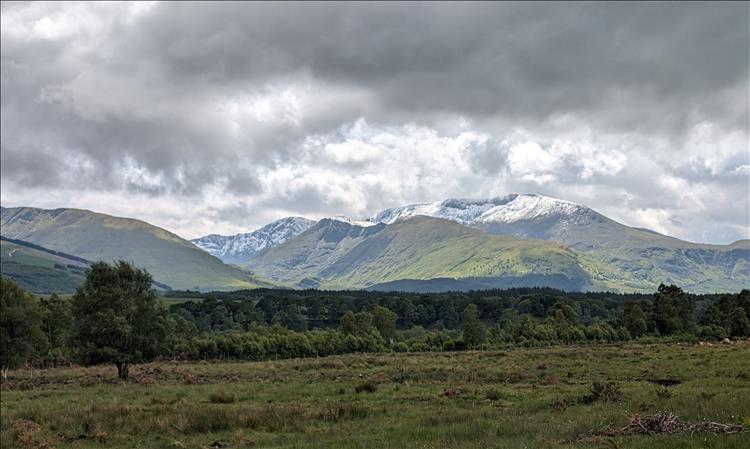 Flat fields, trees and vast snow topped mountains, a wonderful Highland scene