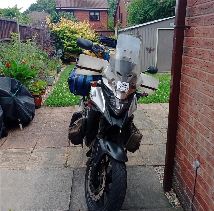 Looking at Ren's CB500X from the front in Sharon's pretty garden.